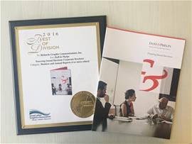 Richards Graphic takes First Place - Best of Category for Business and Annual Reports (4 or more colors, printers with 20 employees or less) by the Printing Industries of America for Duff & Phelps marketing item.