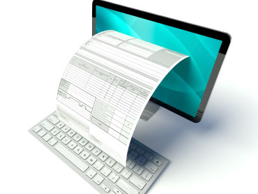 We help work with your electronic fillable forms.
Image: Paper form pours out of a light teal monitor with ready filled text.