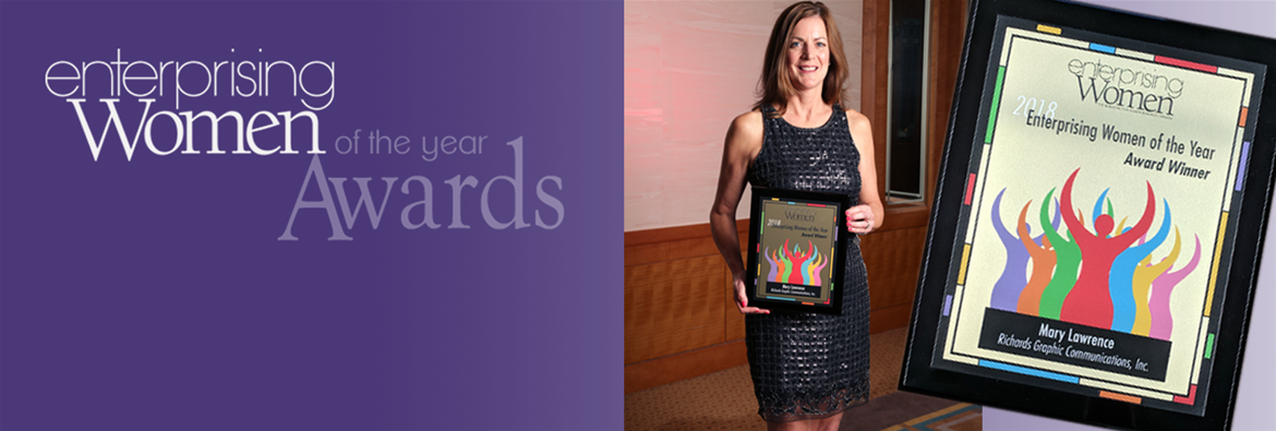 Mary Lawrence, President of Richards Graphic Communications, accepts award for 2018 Enterprising Women of the Year Award Winner.